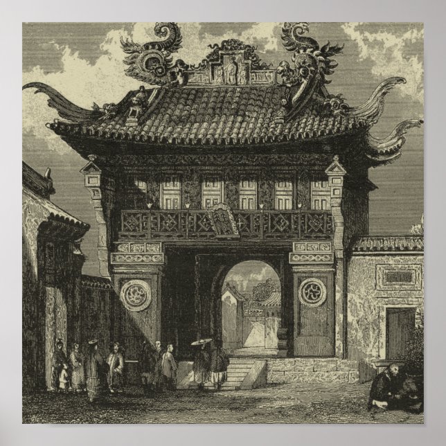 Asiatischer Kaisertempel in Schwarz und Weiß Poster (Vorne)