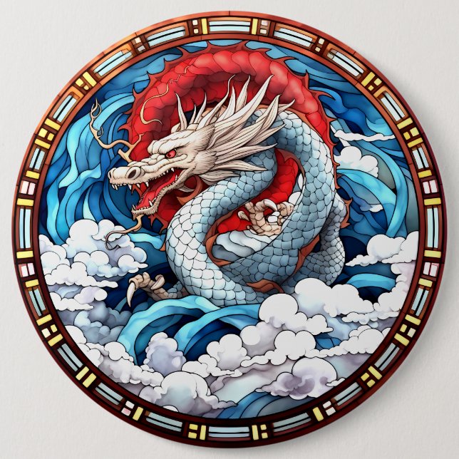 Asiatischer Mythischer Drache in Rot und Blau Button (Vorderseite)