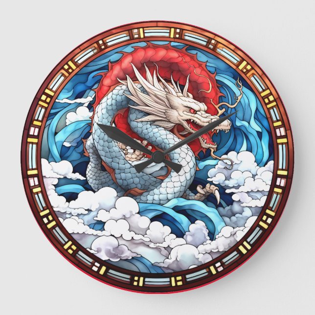 Asiatischer Mythischer Drache in Rot und Blau Große Wanduhr (Vorderseite)