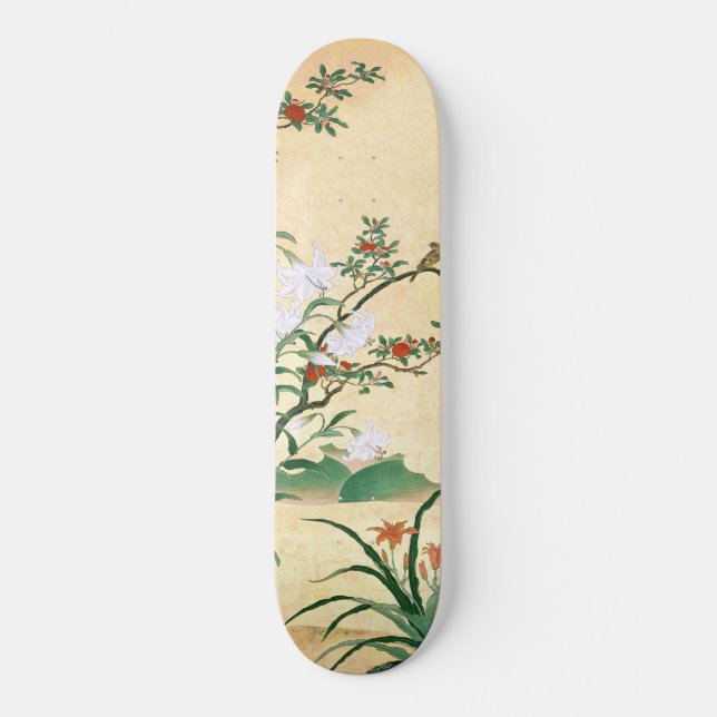 Asiatischer Rosen-weiße Lilien-VogelSkateboard Skateboard (Vorderseite)