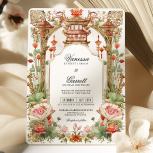 Asiatischer Roter Lotus und Fan Wedding Tee Zeremo Einladung