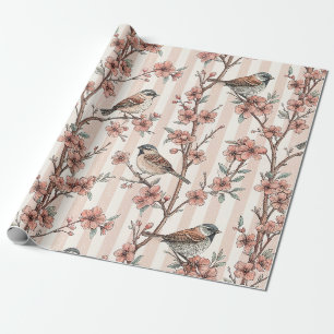 Asiatischer Spatz Kirschblüten Pfirsichstreifen Geschenkpapier
