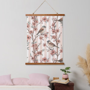 Asiatischer Spatz Kirschblüten Pfirsichstreifen Wandteppich Mit Holzrahmen