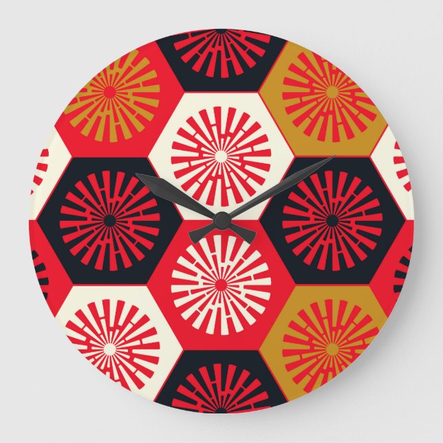 asiatisches Floral Hexagonal-Muster Große Wanduhr (Vorderseite)