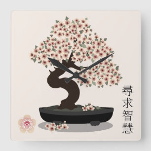 Asiatisches florales Bonsai-Blütenbaum-Grafikdesig Quadratische Wanduhr