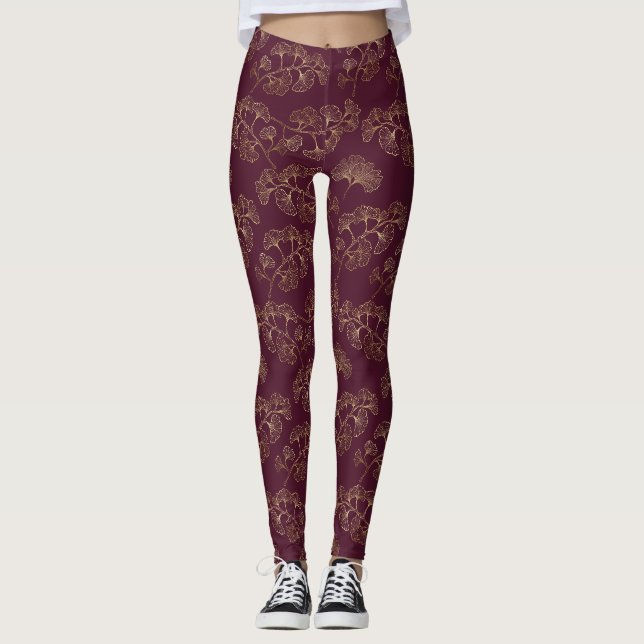 Asiatisches Gold-Botanikmuster Leggings (Vorderseite)