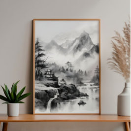 Asiatisches Haus in den Bergen Tinte Malerei Fotodruck