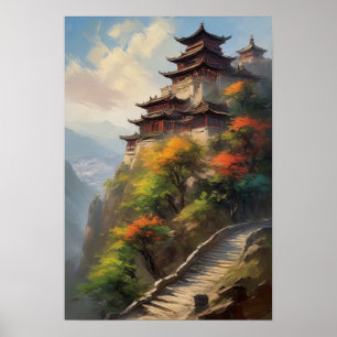 Asiatisches Kloster mit Blick auf das bunte Tal Poster