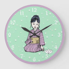 Asiatisches Mädchen in Pink Mauve Kimono Weißer Lo Große Wanduhr