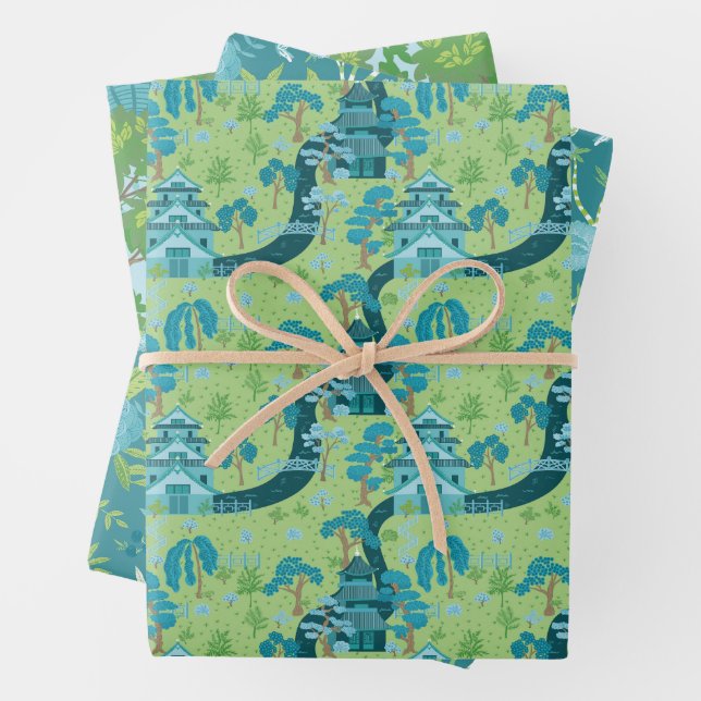Asiatisches Muster Blau Grün Geschenkpapier Set (Beispiel)