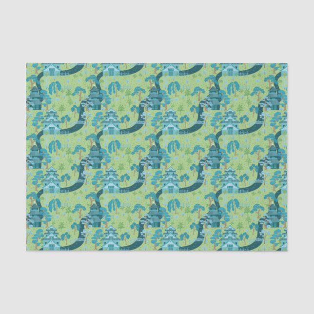 Asiatisches Muster Blau Grün Seidenpapier (Vorderseite)