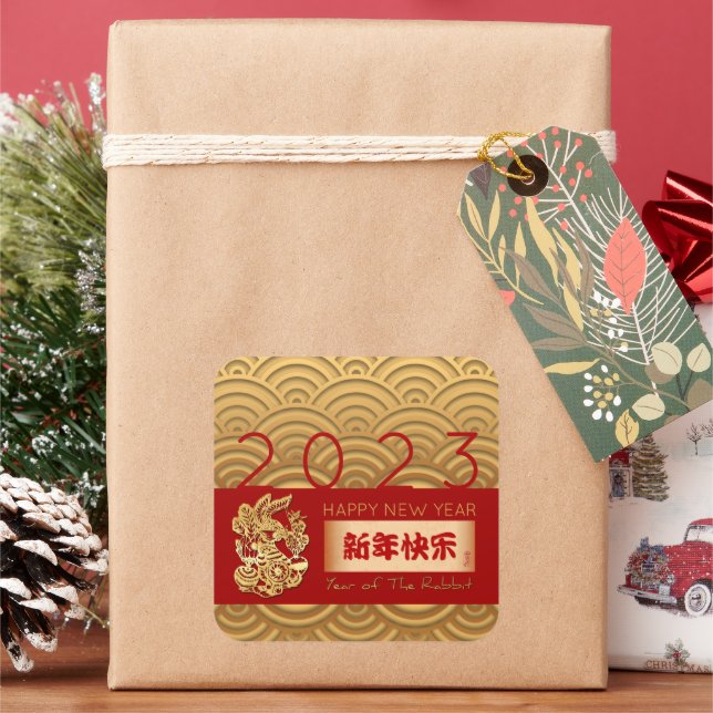 Asiatisches Muster Gold Rabbit Chinesisch Neujahr  Quadratischer Aufkleber (Feiertag)