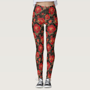 Asiatisches Rot Goldenes Pfingstrosen-Blumenmuster Leggings