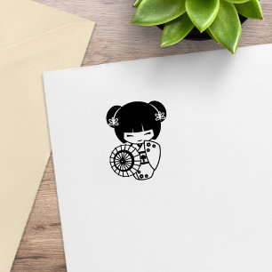 Asiatisches Schirm-Geisha-Mädchen in Kimono 2 Gummistempel