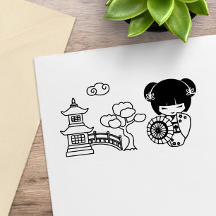 Asiatisches Schirm-Geisha-Mädchen in Kimono-Scrapb Gummistempel