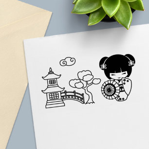 Asiatisches Schirmmädchen in Kimono-Scrapbook Permastempel
