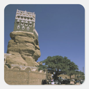 Asien, Jemen, Wadi Dhar. Felsenpalast oder Dar Al Quadratischer Aufkleber