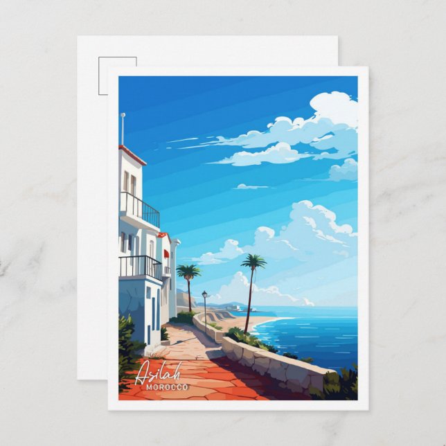 Asilah Marokko Kunstreise Vintage Darstellung Postkarte (Vorne/Hinten)