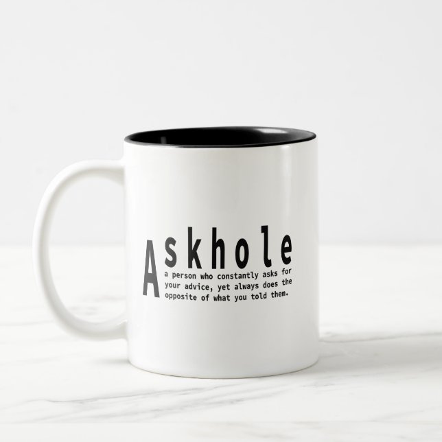 Askhole - sarkastische Wörterbuchdefinition Zweifarbige Tasse (Links)
