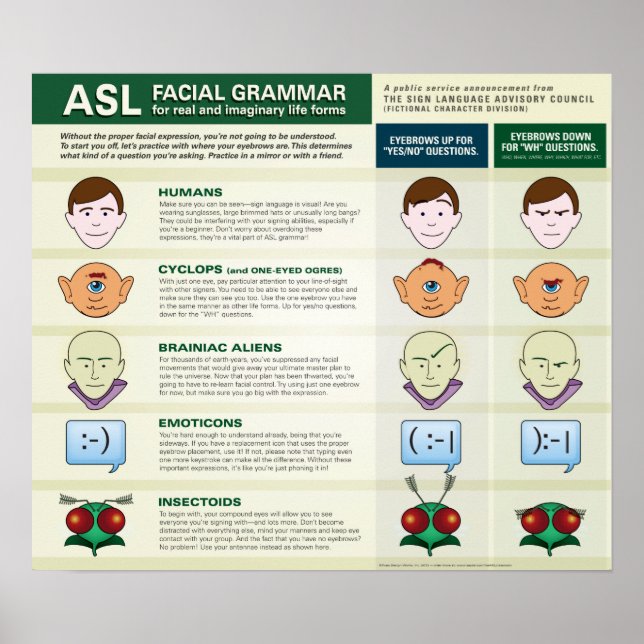 ASL Gesichtsgrammar für verschiedene Lebensformen. Poster (Vorne)