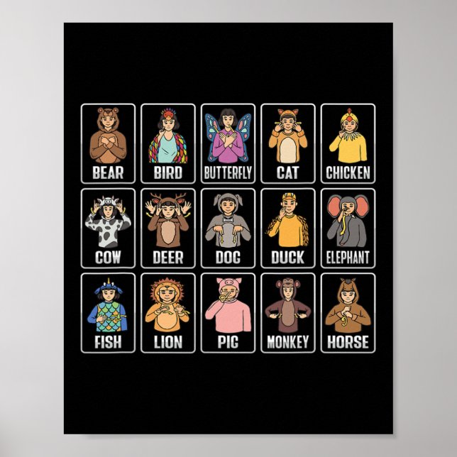 Asl Hand Gesture Animals Deaf Hörverlust Awarene Poster (Vorne)