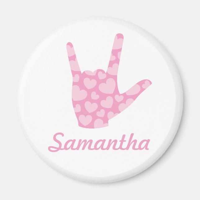 ASL I Liebe You Pink Hearts Zeichensprache und Nam Magnet (Vorne)