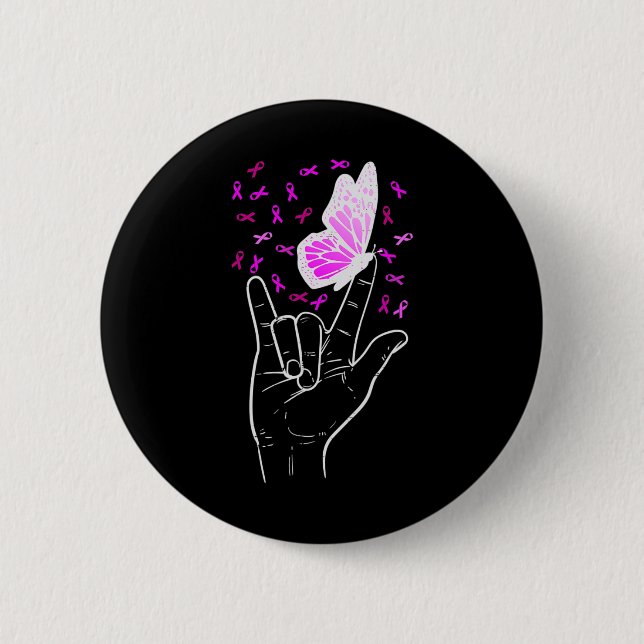 Asl Liebeszeichen Schmetterling Brustkrebs-Bewusst Button (Vorderseite)