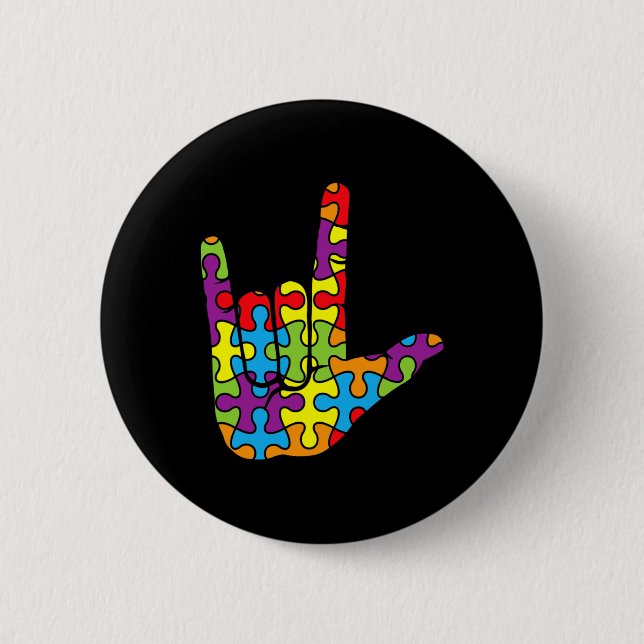 Asl Love Sign Language Autistic Puzzle Autism Awar Button (Vorderseite)