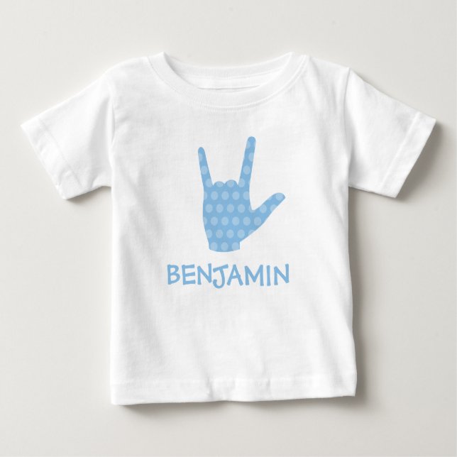 ASL Signing Language I Liebe You Blue Dots Bootnam Baby T-shirt (Vorderseite)