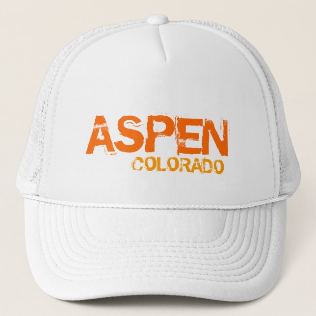 Aspen Colorado, einfache, weiße Orange Hut Truckerkappe (Vorderseite)