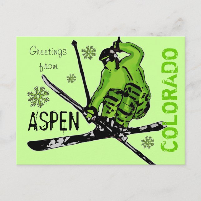 Aspen Colorado Green Theme Skier Postkarte (Vorderseite)