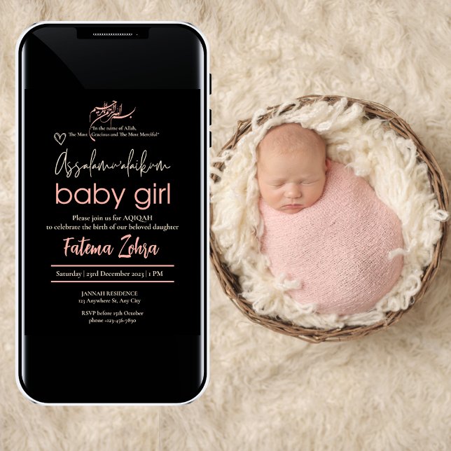 Assalamualaikum Baby Girl Muslim Aqiqah BlackPink Einladung (Assalamualaikum Baby Girl Muslim Aqiqah BlackPink Invitation)