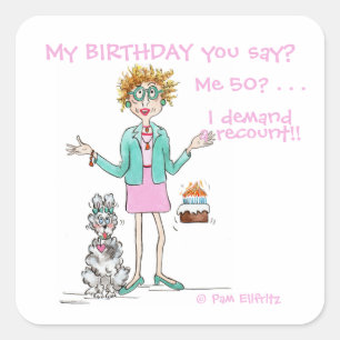 Assertive Frau fordert einen 50-jährigen Cartoon f Quadratischer Aufkleber