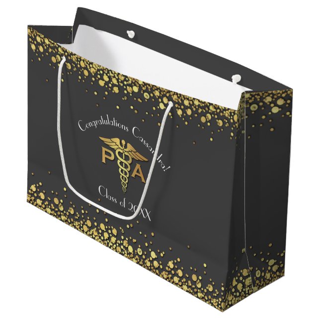 Assistent des Arztes PA-Abschluss Grau Gold Große Geschenktüte (Vorderseite Schrägansicht)