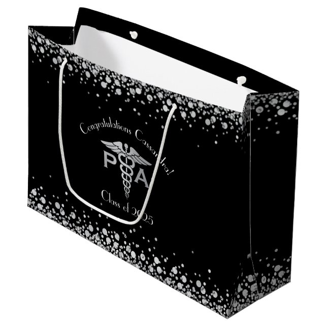 Assistent des Arztes PA Abschluss Schwarz Silber Große Geschenktüte (Vorderseite Schrägansicht)