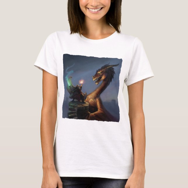 Assistent-Verteidigung - Drache und Zauberer T-Shirt (Vorderseite)