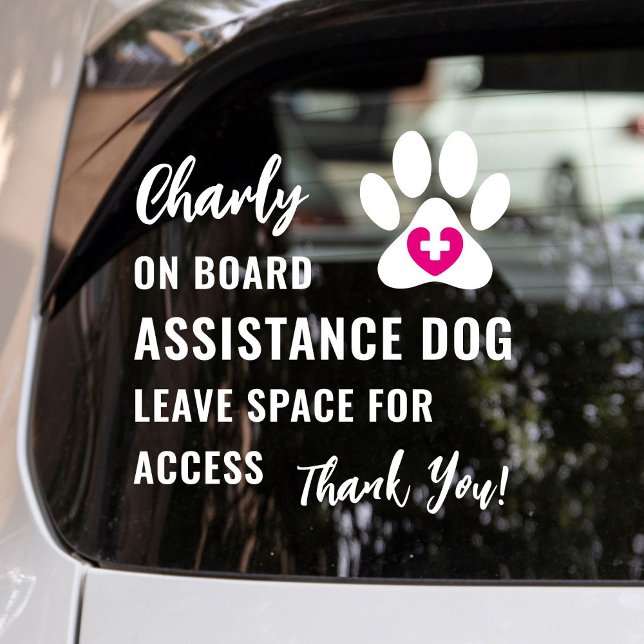 Assistenzhund an Bord rosa medizinisches Logo Auto Fensteraufkleber ("Assistance Dog on Board" car window decal for service dog owners with modern bright pink logo.)