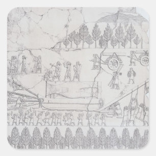 Assyrer, die eine Flügelbulle auf einem Schlitten  Quadratischer Aufkleber