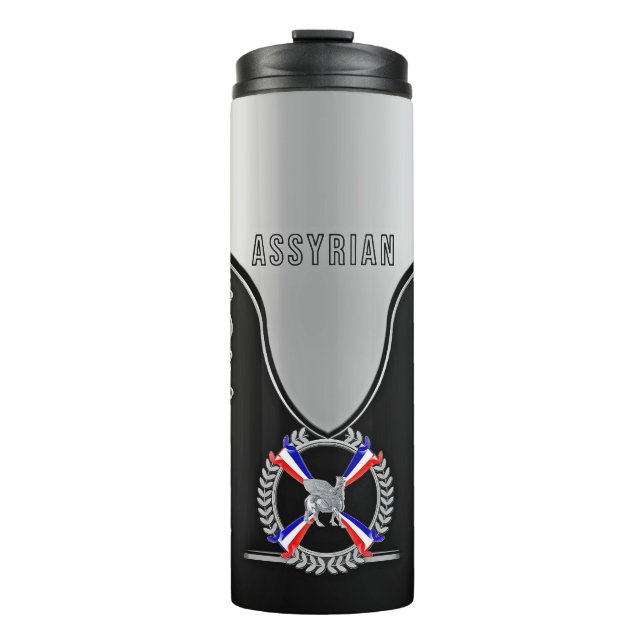 Assyrianische Flagge und Lamassu-Thermal-Tumbler Thermosbecher (Vorderseite)