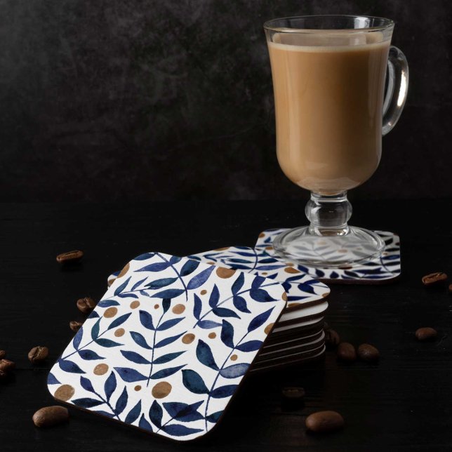 Äste und Beeren mit Aquarellfarben - Indigo und Be Rechteckiger Pappuntersetzer (Von Creator hochgeladen)