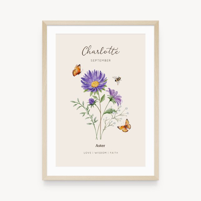 Aster-Geburtsmonats-Blumenposter Poster (Example of aster birth flower poster once framed. )