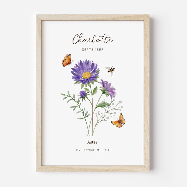 Aster-Geburtsmonats-Blumenposter Poster (Example of aster birth flower poster once framed. )