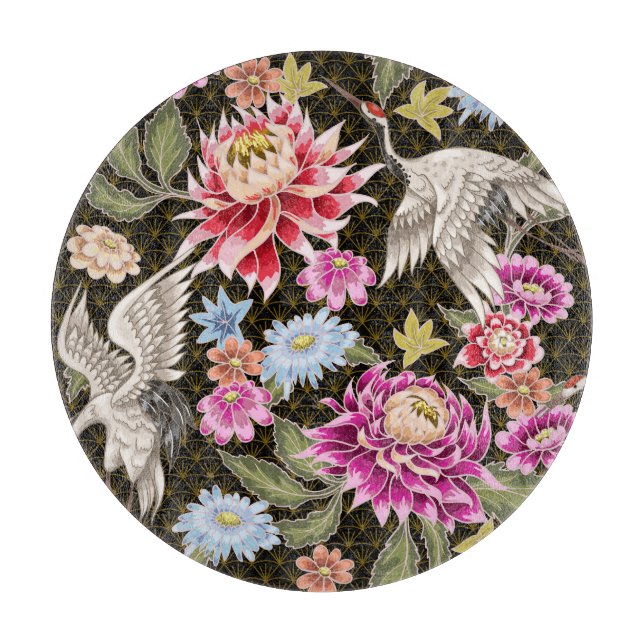 Asters Cranes: Nahtlos im japanischen Stil gestric Schneidebrett (Vorderseite)