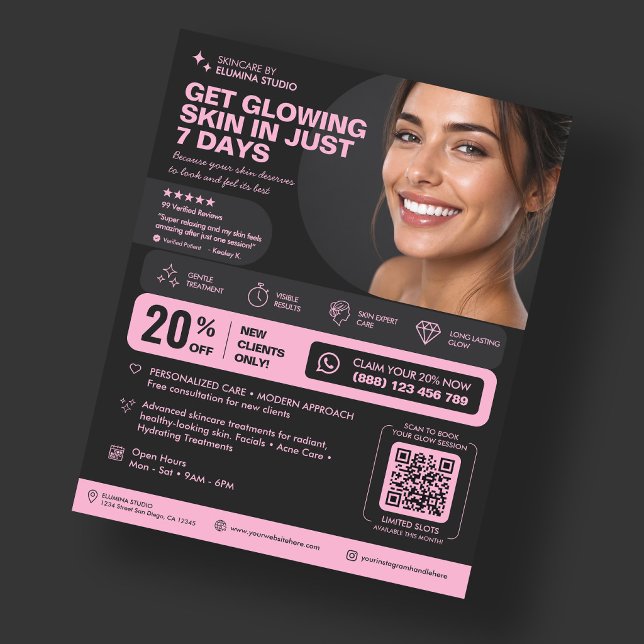 Ästhetikerin Ästhetisch Rosa Schwarzer Glow Skinca Flyer (Esthetician Aesthetic Pink Black Glow Skincare Flyer
)