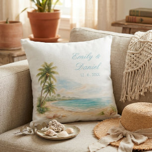 Ästhetische Aquarell-Tropische Strandhochzeitsname Kissen