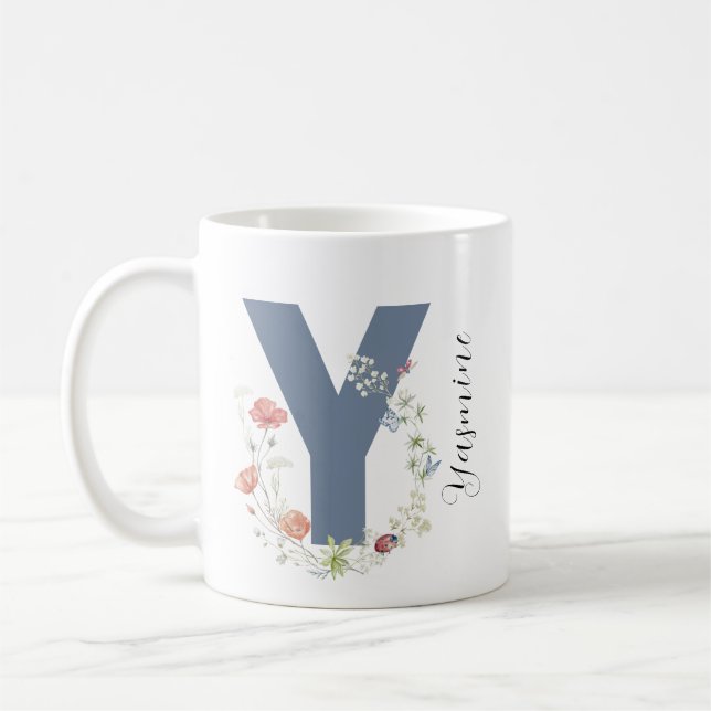Ästhetische Aquarellfarben Blumenbrief Y Monogramm Kaffeetasse (Links)