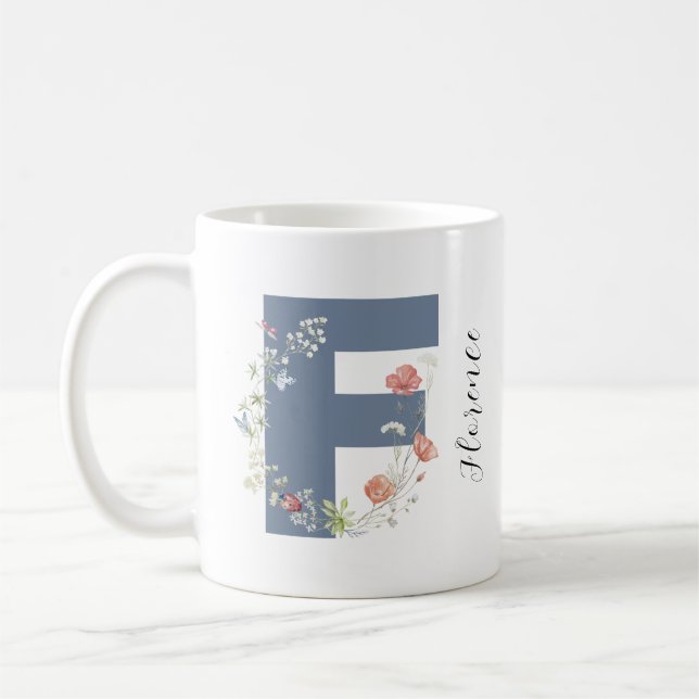 Ästhetische Aquarellfarben Blumenbuchstabe F Monog Kaffeetasse (Links)