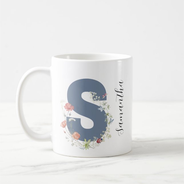 Ästhetische AquarellfarbenflorLetter S Monogramm Kaffeetasse (Links)