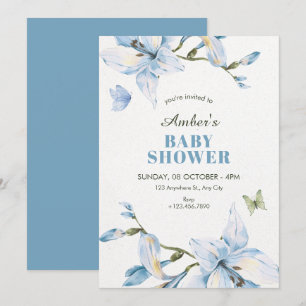 Ästhetische blaue Blumenblüten-Babyparty Einladung
