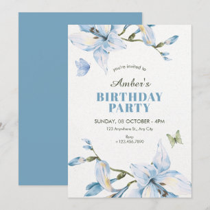 Ästhetische blaue Blumenblüten-Geburtstag Einladung